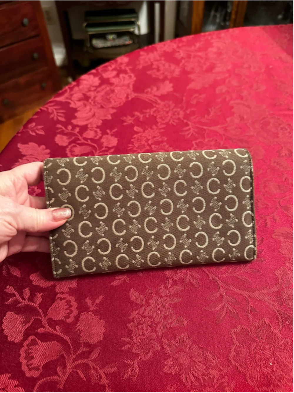 Celine Brown & Beige Canvas & Leather Monogram Long Wallet
